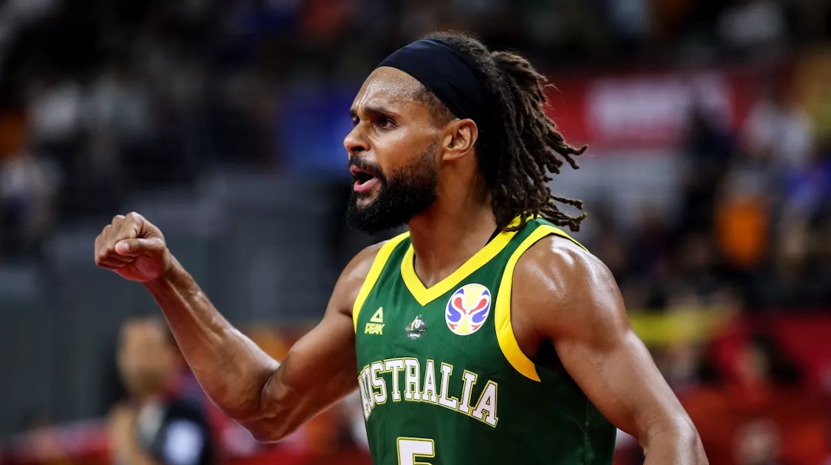 Patty Mills of Australia reacts during the 2019 FIBA World Cup, first round match between Lithuania and Australia at Dongguan Basketball Center on on September 05, 2019 in Dongguan, China. (Photo by Zhizhao Wu/Getty Images)