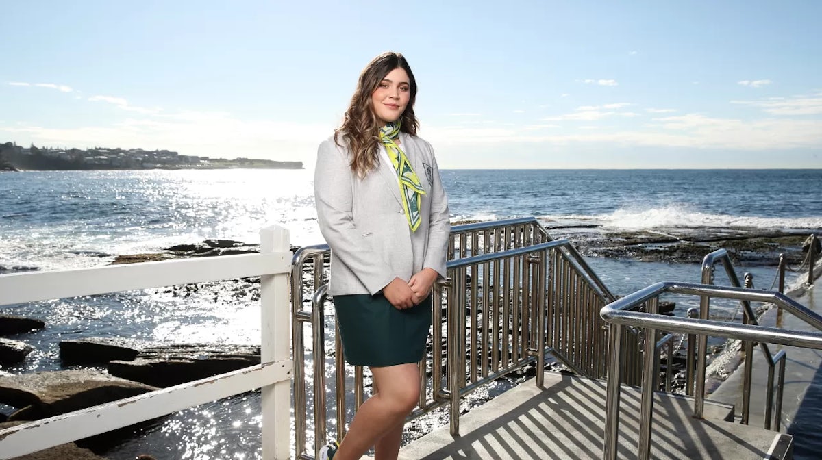 SYDNEY, AUSTRALIA - MAY 18: Australian athlete Tarni Stepto poses during the launch of the Australian 2020 Tokyo Olympic Games Opening Ceremony Uniform at Wylie's Baths on May 18, 2021 in Sydney, Australia. (Photo by Matt King/Getty Images)