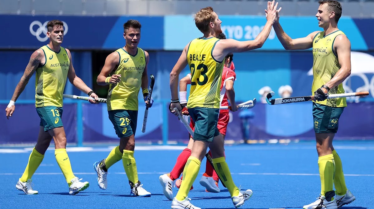 Daniel James Beale #23 and Thomas William Craig #2 of Team Australia celebrate Team Australia's fifth goal against Japan during the Men's Pool A match on day one of the Tokyo 2020 Olympic Games at Oi Hockey Stadium o