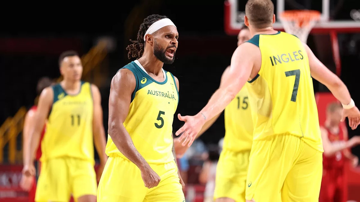  Patty Mills #5 of Team Australia celebrates during Australia's Men's Basketball Preliminary Round Group B game against Germany on day eight of the Tokyo 2020 Olympic Games
