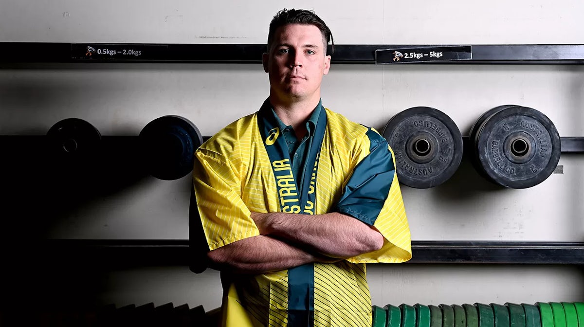 Matthew Lydement poses for a photo during the Australian Olympic Weightlifting team selection announcement for the Tokyo 2020 Games at the Sleeman Sports Complex on June 22, 2021 in Brisbane, Australia