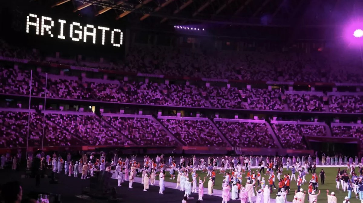 'ARIGATO' is displayed at the conclusion of the Closing Ceremony of the Tokyo 2020 Olympic Games at Olympic Stadium