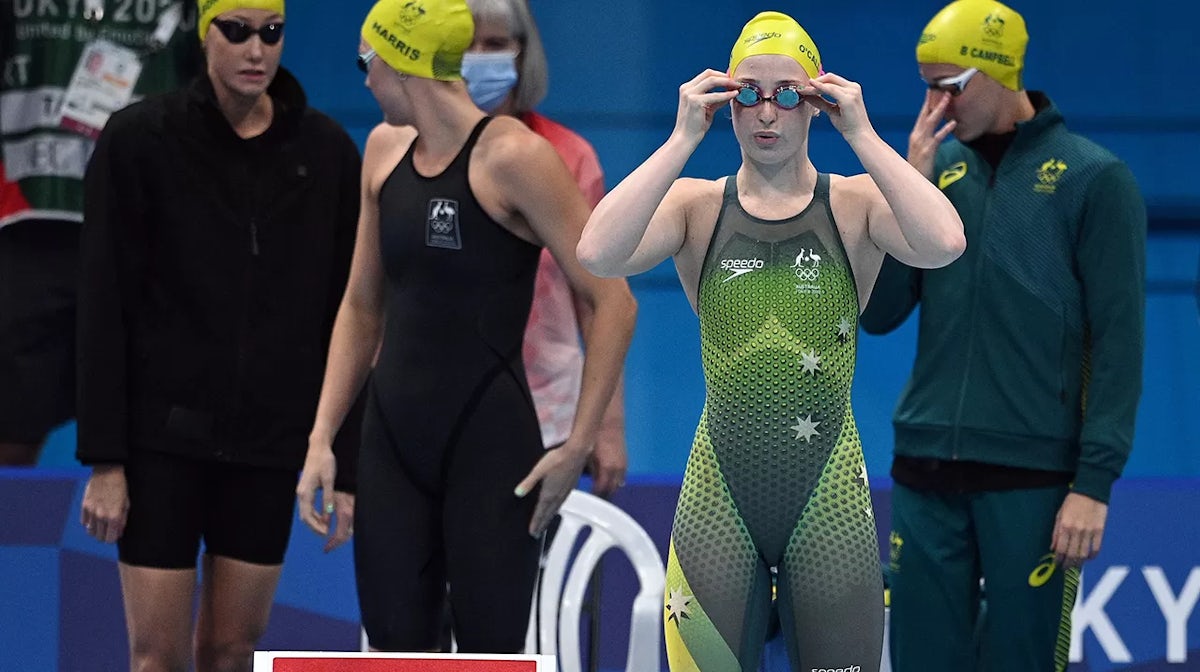 Australia's Mollie O'Callaghan and teammates prepare to compete in a heat for the women's 4x100m freestyle relay swimming event during the Tokyo 2020 Olympic Games at the Tokyo Aquatics Centre in Tokyo on July 24, 2021