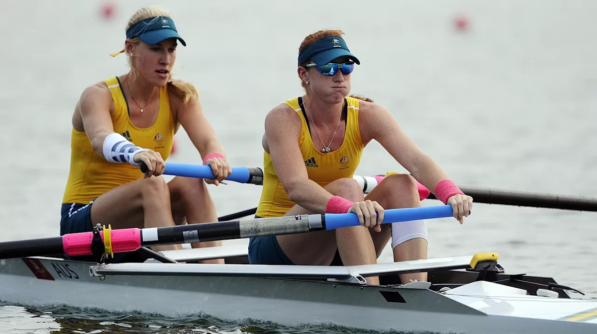 Kim Crow (L) and Sarah Cook of Australia row in the women's pairs at Shunyi Olympic Rowing-Canoeing Park at the 2008 Beijing Olympic Games on August 9, 2008 in Beijing, China.