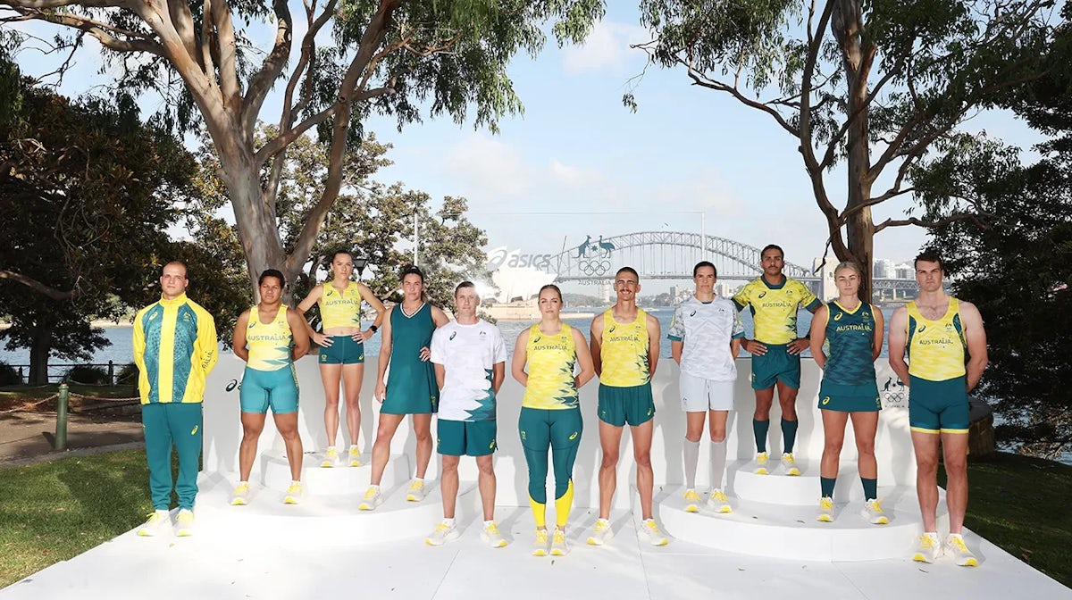 Athletes pose on stage during the Australian 2024 Paris Olympic Games ASICS Uniform Launch at Yurong Point (Mrs Macquarie's Chair) on March 07, 2024 in Sydney, Australia
