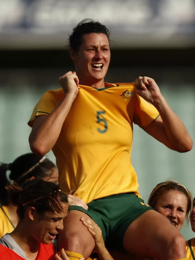 Cheryl Salisbury of Australia is carried by her team mates after retiring from football having played a record 151 caps for Australia during the women's international friendly match between the Australian Matildas and Italy held at Parramatta Stadium Janu