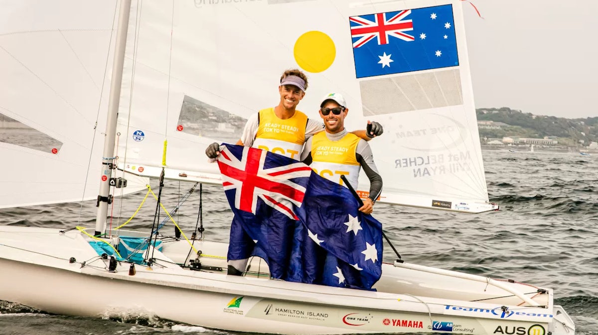 Mat Belcher and Will Ryan win gold at the Tokyo Olympic Test Event. CREDIT Sailing Energy and World Sailing