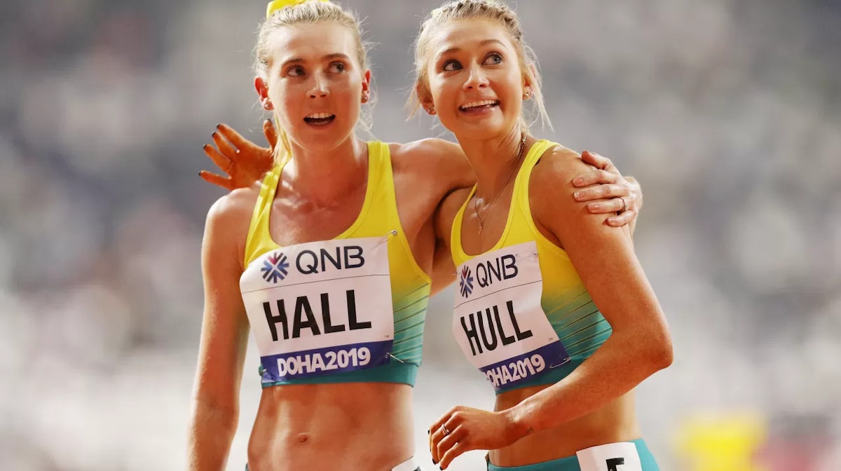 Jessica Hull of Australia and Linden Hall of Australia react after competing in the Women's 1500 Metres semi final during day seven of 17th IAAF World Athletics Championships Doha 2019