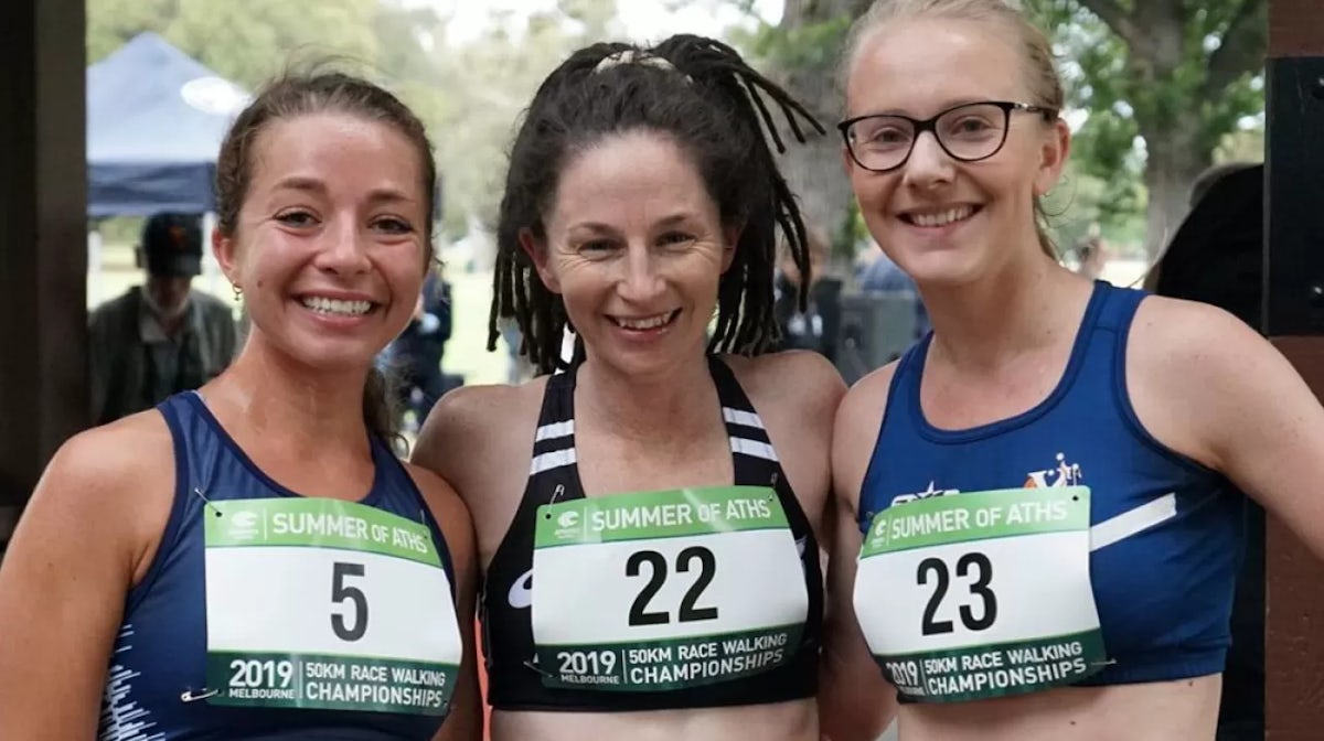 Jemima Montag (2nd), Beki Smith (1st) and Rachael Tallent (3rd) and 2019 National Race Walking Championships