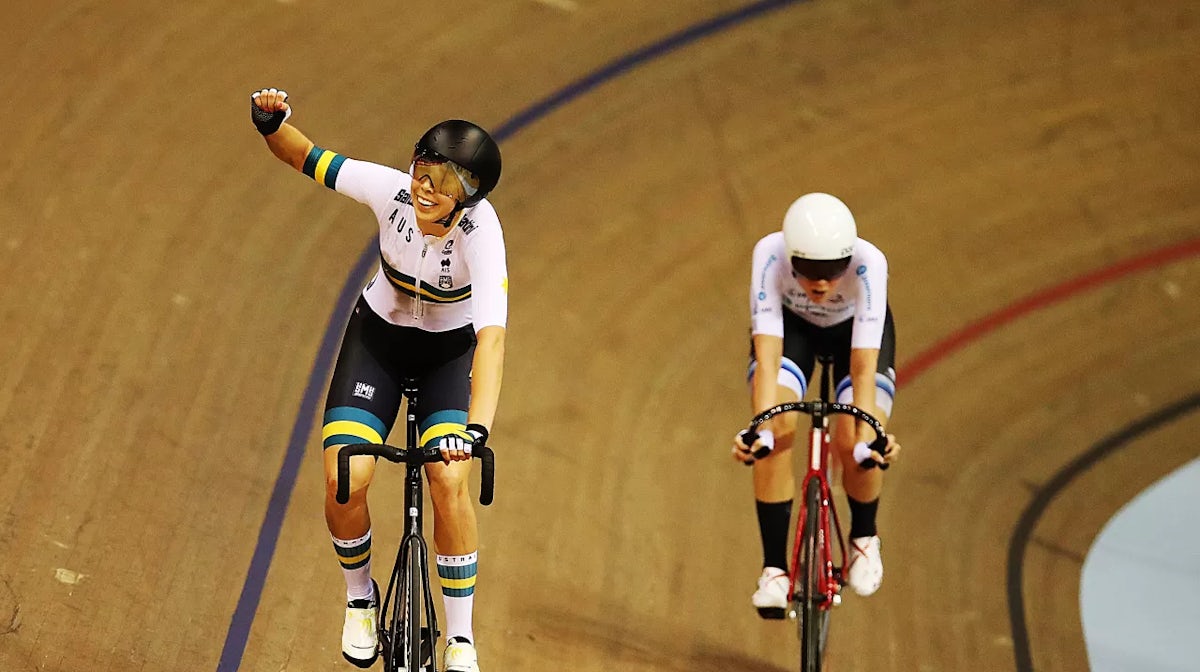 Georgia Baker of Australia celebrates after winning the Women's Madison with Annette Edmondson during Day Three of the UCI Track Cycling World Cup at Sir Chris Hoy Velodrome on November 10, 2019 in Glasgow, Scotland. (Photo by Ian MacNicol/Getty Images)