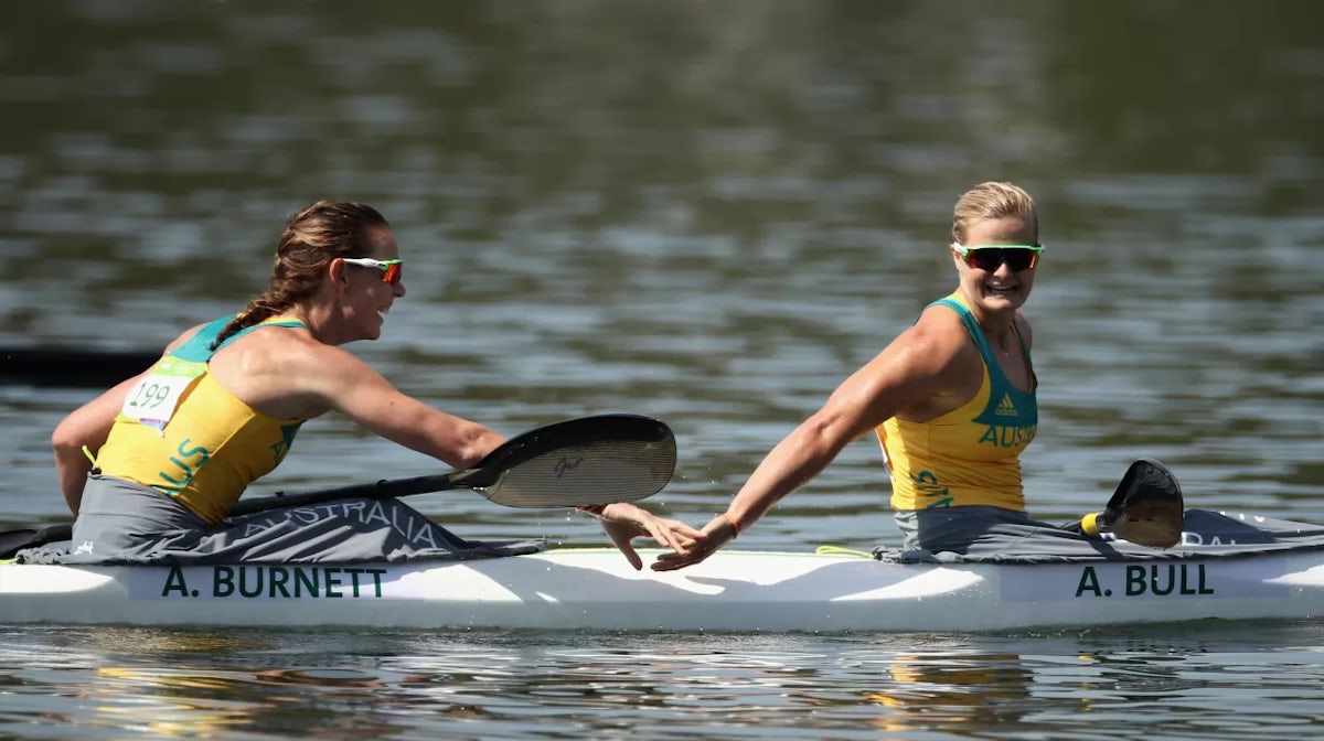 Alyce Burnett and Aly Bull celebrate qualifying for the Final A after competing in the Canoe Sprint Women's Kayak Double 500m Semifinal 1 on Day 10 of the Rio 2016 Olympic Games (Photo by Mark Kolbe/Getty Images)