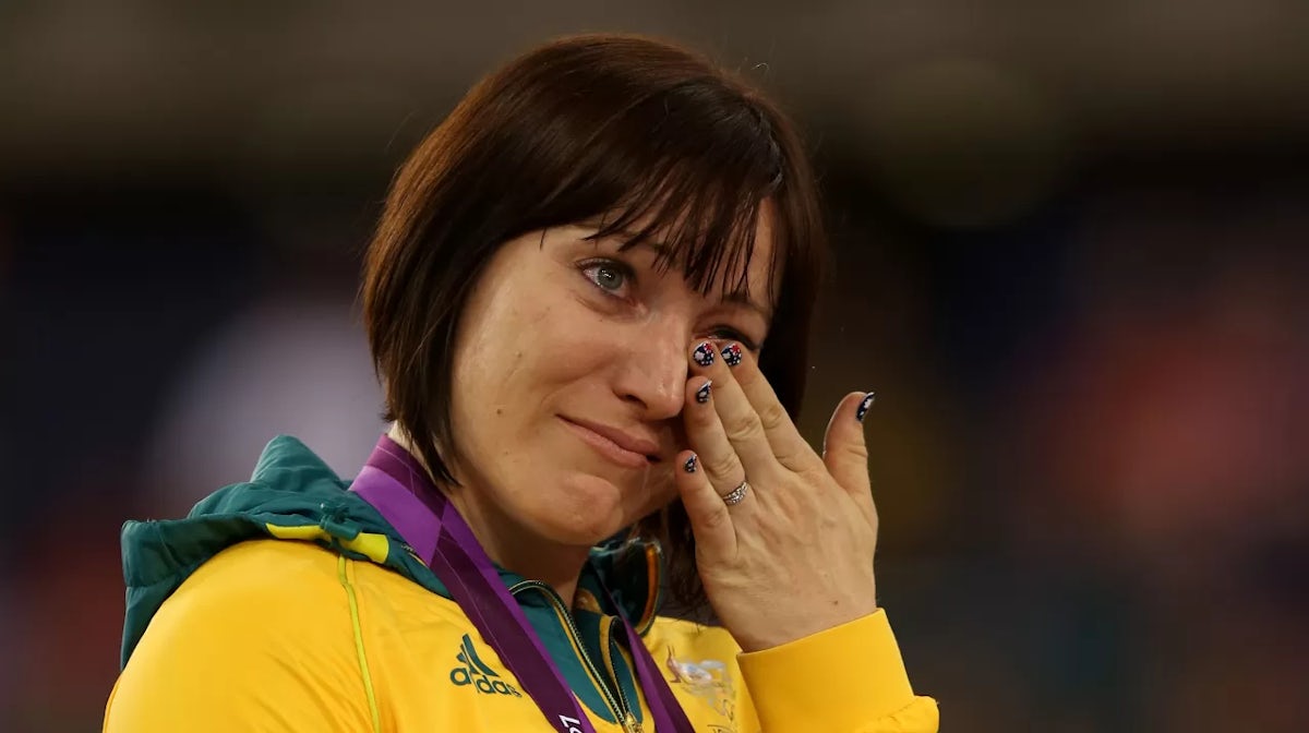 Gold medallist Anna Meares of Australia celebrates during the medal ceremony for the Women's Sprint Track Cycling Final on Day 11 of the London 2012 Olympic Games at Velodrome on August 7, 2012 in London, England. (Photo by Bryn Lennon/Getty Images)