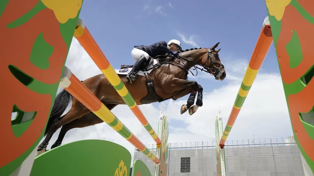 Andrew Hoy of Australia riding Bloom Des Hauts Crets competes in the Jumping during day three of the Equestrian Tokyo 2020 Test Event at the Equestrian Park on August 14, 2019 in Tokyo, Japan. (Photo by Toru Hanai/Getty Images)