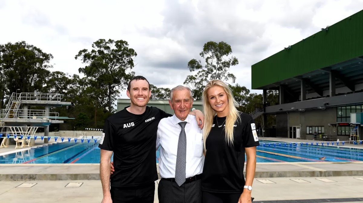 BRISBANE, AUSTRALIA - MARCH 26: Winter Olympians Danielle Scott and David Morris pose for a photo with OWIA Chair Geoff Henke, after the announcement of a world-class winter sport ski jumping facility for Brisbane at the Sleeman Sports Complex on March 26