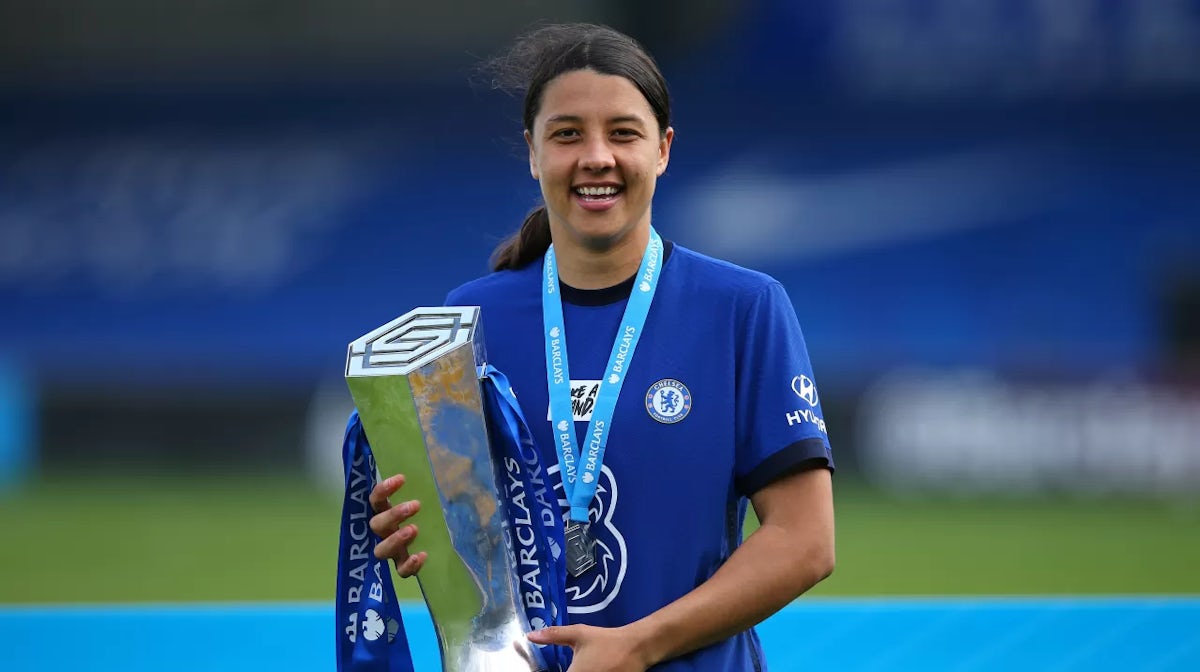 KINGSTON UPON THAMES, ENGLAND - MAY 09: Sam Kerr of Chelsea Women poses with the Barclays FA Women's Super League trophy after the Barclays FA Women's Super League match between Chelsea Women and Reading Women at Kingsmeadow on May 09, 2021 Getty Images