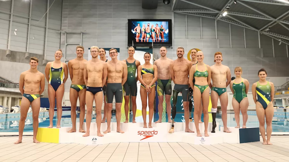 Australian divers and swimmers pose during the Australian 2020 Tokyo Olympic Games Swimming Uniform Launch at Sydney Olympic Park Aquatic Centre