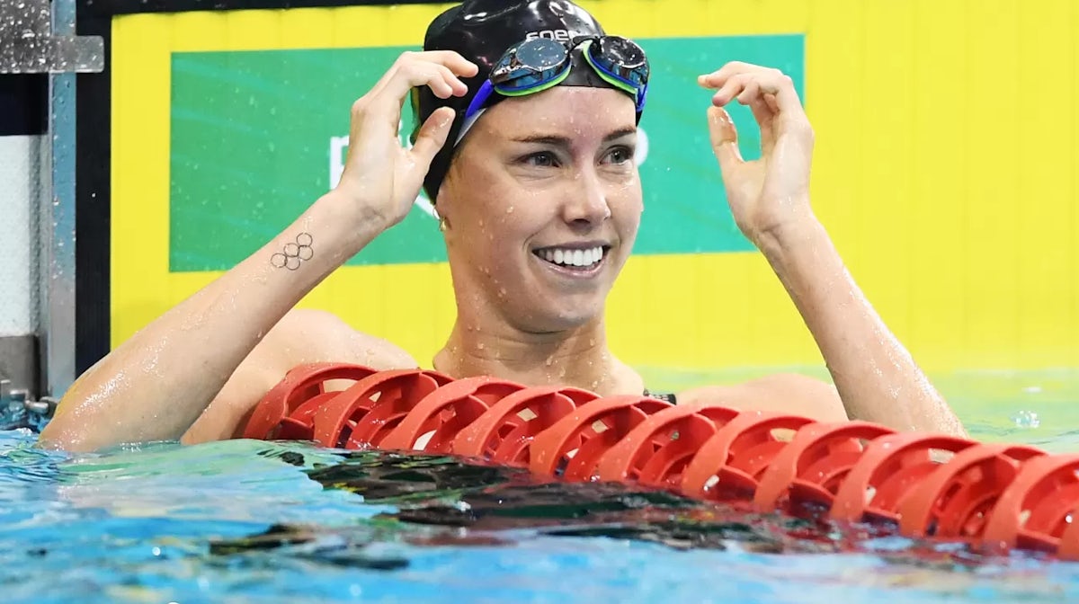 Emma McKeon after winning the Women's 100 LC Metre Butterfly final during the Australian National Olympic Swimming Trials at SA Aquatic & Leisure Centre