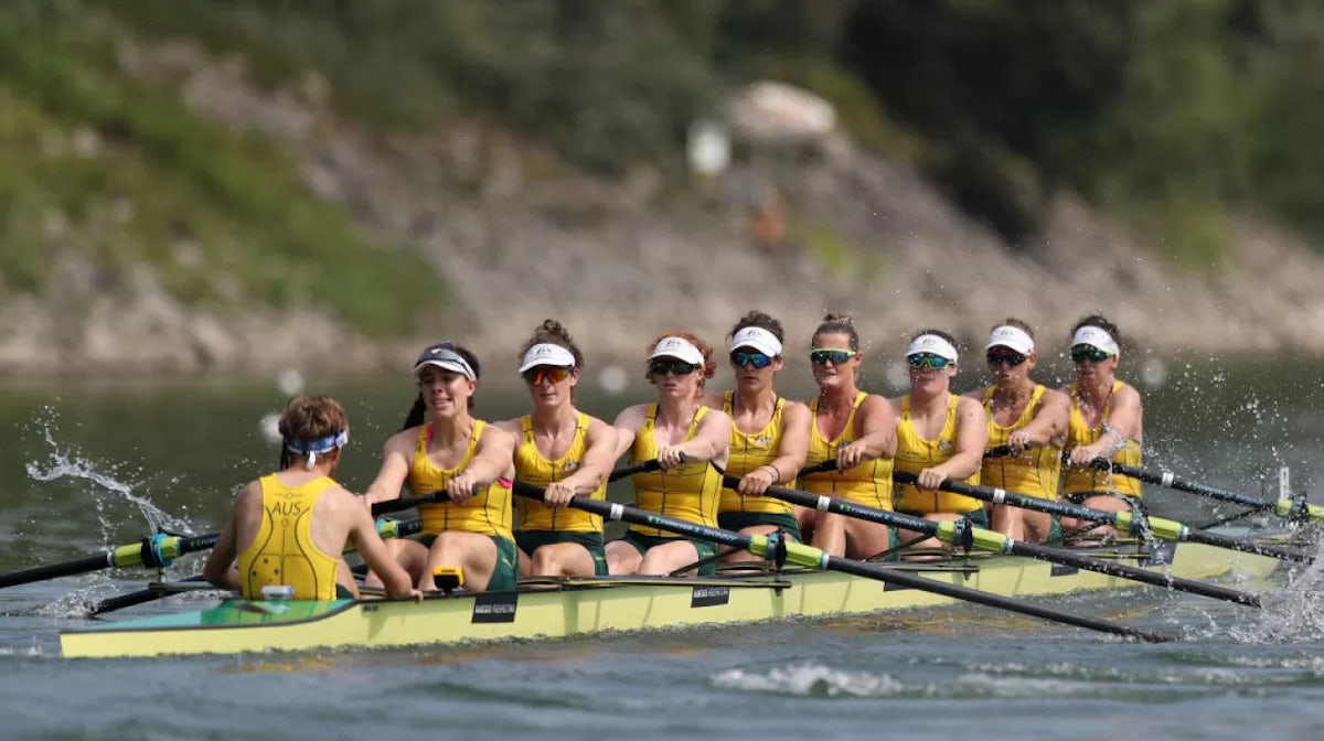 Leah Saunders, Jacinta Edmunds, Bronwyn Cox, Georgie Rowe, Rosie Popa, Annabelle Mcintyre, Jessica Morrison, Molly Goodman and coxswain James Rook of Australia in action during the Women's Eight race during Day Three of the 2019 World Rowing Championships