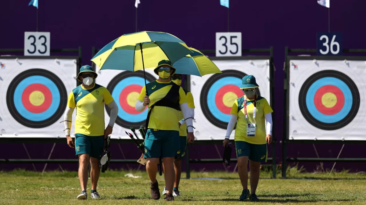 Team Australia practice at the Yumenoshima Park Archery Field ahead of the Tokyo 2020 Olympic Games on July 21, 2021 in Tokyo, Japan. 