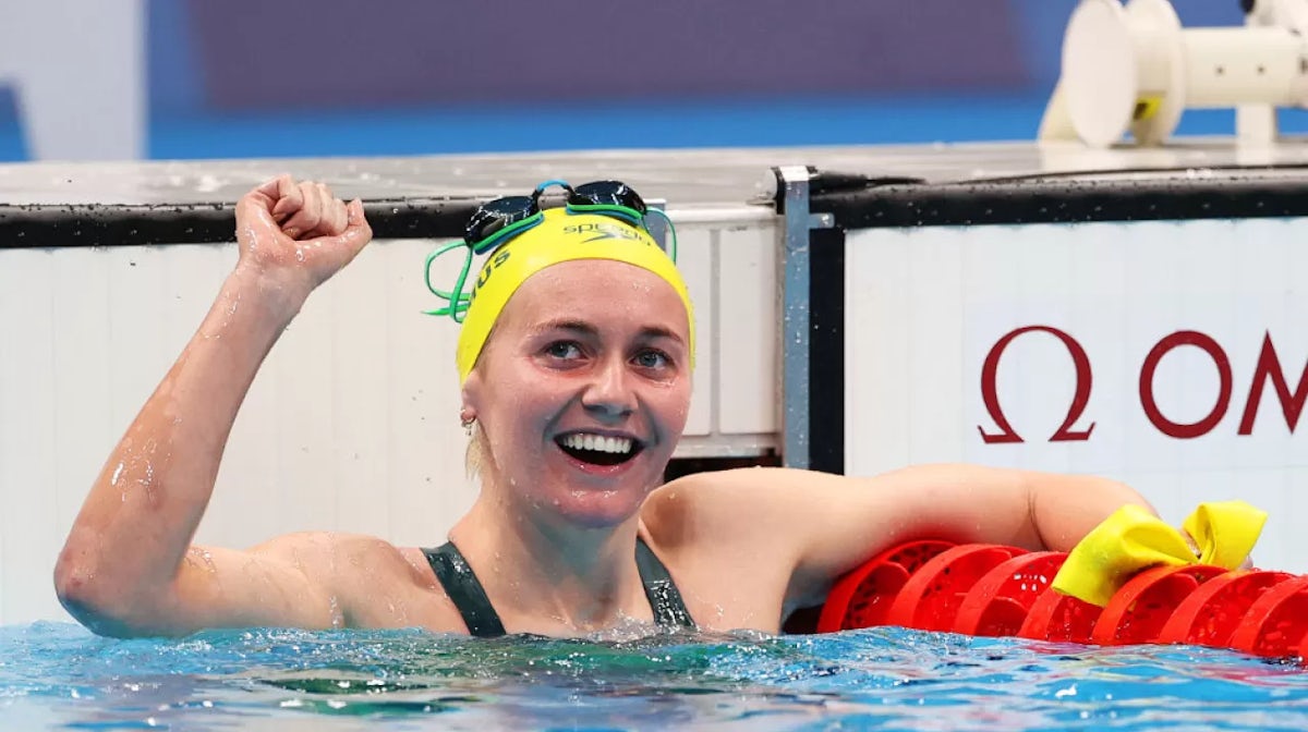 Ariarne Titmus of Team Australia reacts after winning the gold medal in the Women's 400m Freestyle Final on day three of the Tokyo 2020 Olympic Games at Tokyo Aquatics Centre