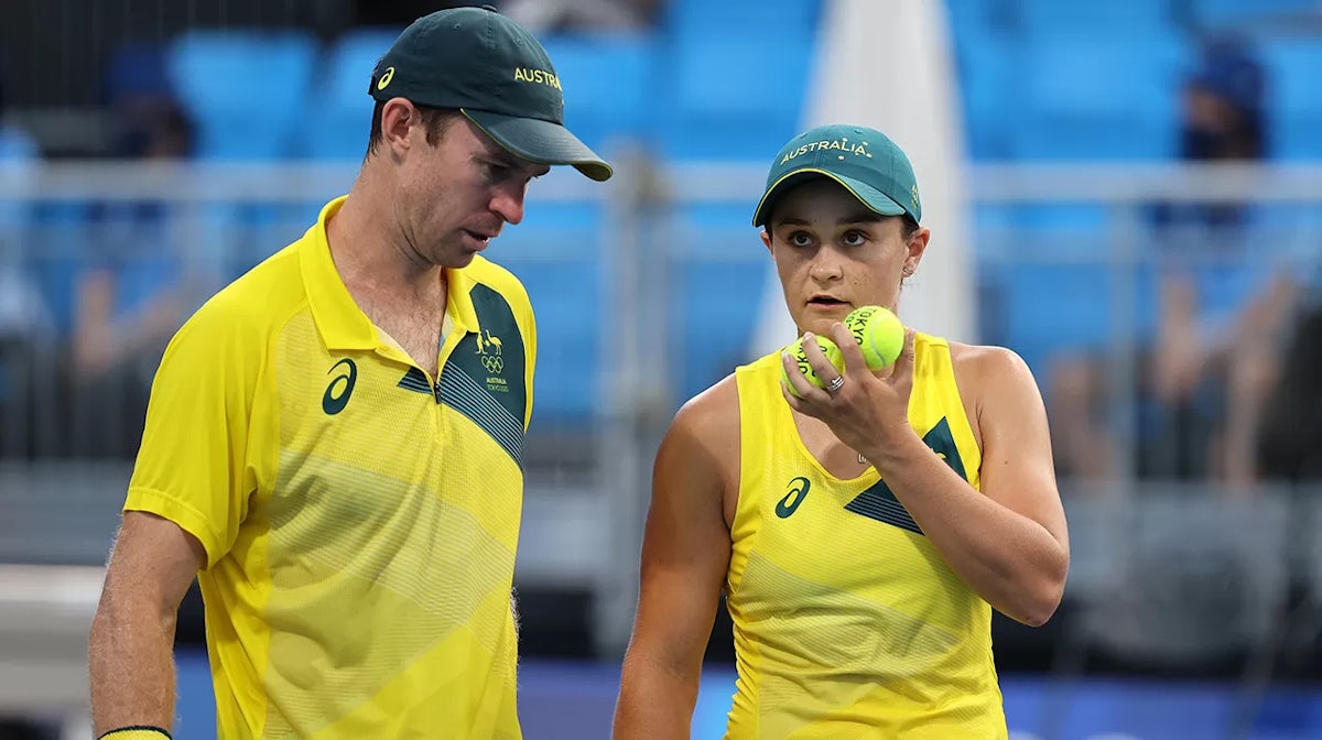 Team Australia and John Peers of Team Australia play Horacio Zeballos of Team Argentina and Nadia Podorska of Team Argentina in their Mixed Doubles First Round match against on day five of the Tokyo 2020 Olympic Games at Ariake Tennis Park on July 28, 202