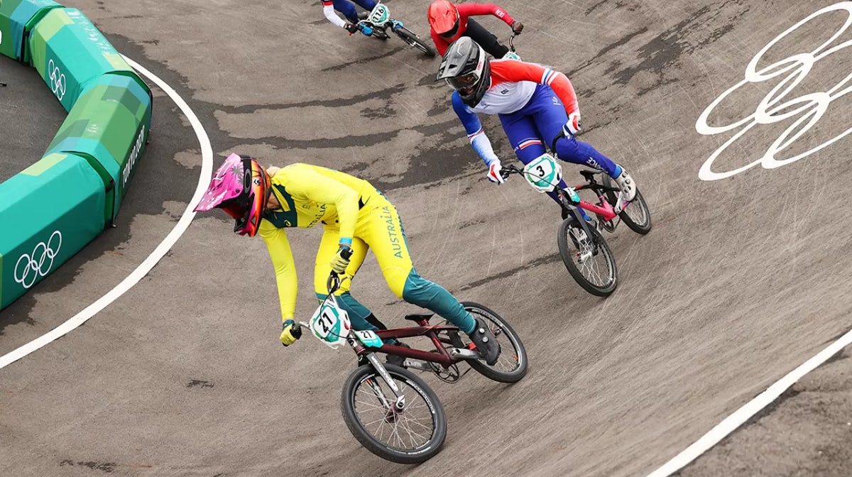 Lauren Reynolds competes during heat two of the Women's BMX semi-final.