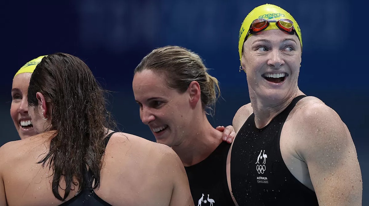 Emma McKeon, Bronte Campbell, Meg Harris and Cate Campbell of Team Australia celebrate after winning the gold medal in the Women's 4 x 100m Freestyle Relay Final on day two of the Tokyo 2020 Olympic Games at Tokyo Aquatics Centre