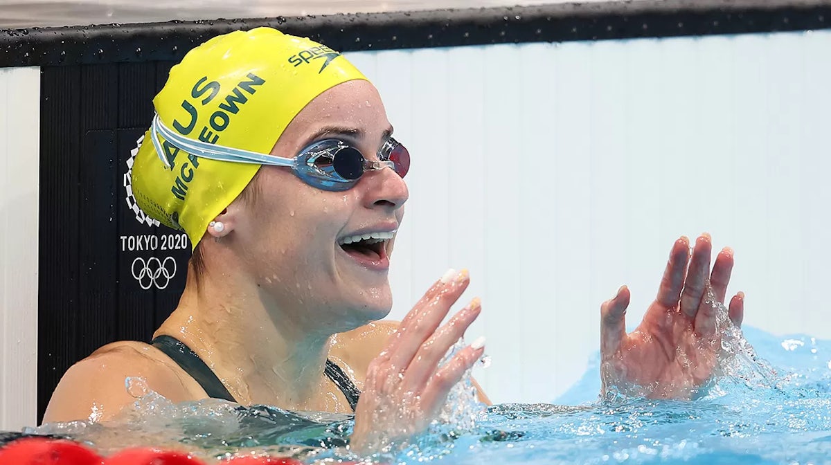  Kaylee McKeown of Team Australia reacts during the Women's 100m Backstroke Final on day four of the Tokyo 2020 Olympic Games at Tokyo Aquatics Centre on