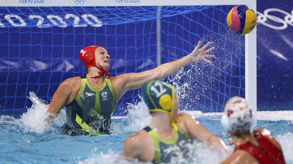 Bea Ortiz of Team Spain scores against Lea Yanistas of Team Australia during the Women's Preliminary Round Group A match between Spain and Australia on day seven of the Tokyo 2020 Olympic Games at Tatsumi Water Polo