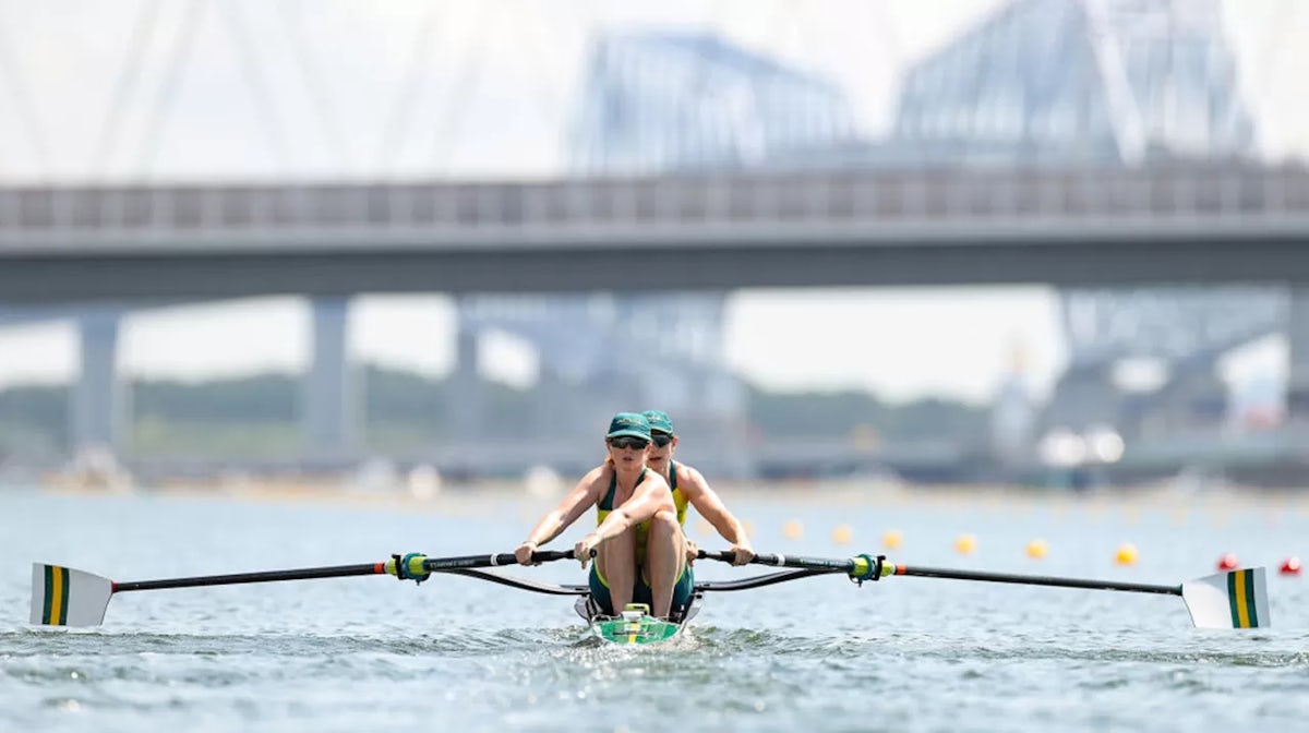 Annabelle McIntyre and Jessica Morrison of Team Australia compete during the Women's Pair Heat 2 on day one of the Tokyo 2020 Olympic Games at Sea Forest Waterway on July 24, 2021 in Tokyo, Japan