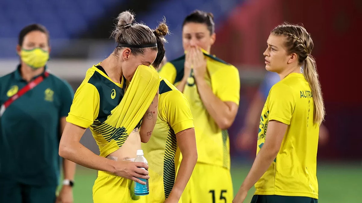 Alanna Kennedy #14 of Team Australia looks dejected following defeat in the Women's Semi-Final match between Australia and Sweden on day ten of the Tokyo 2020 Olympic Games