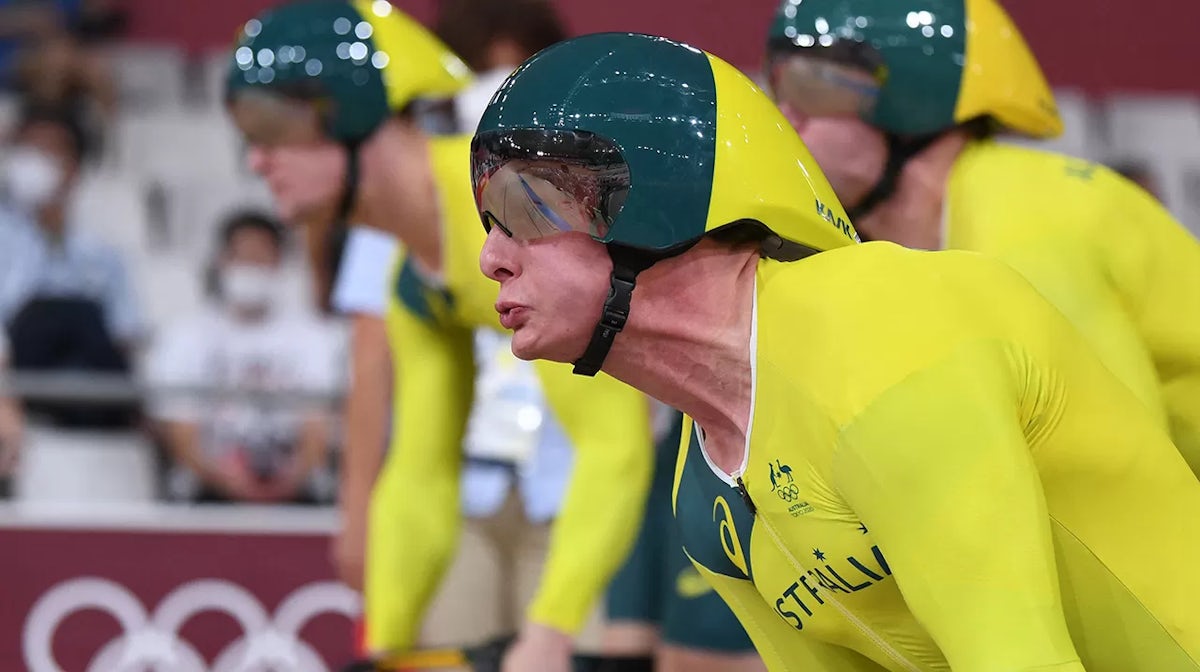 Australia's Alexander Porter at the start of the men's track cycling team sprint qualifying event during the Tokyo 2020 Olympic Games at Izu Velodrome in Izu, Japan