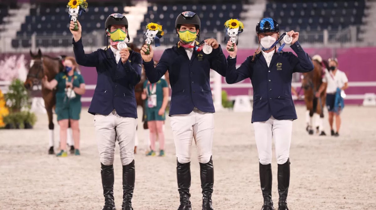 (L-R) Silver medalists Kevin McNab, Shane Rose and Andrew Hoy of Team Australia pose with their silver medals during the Eventing Jumping Team medal ceremony on day ten of the Tokyo 2020 Olympic Gamesat Equestrian Park on August 02, 2021 in Tokyo, Japan. 