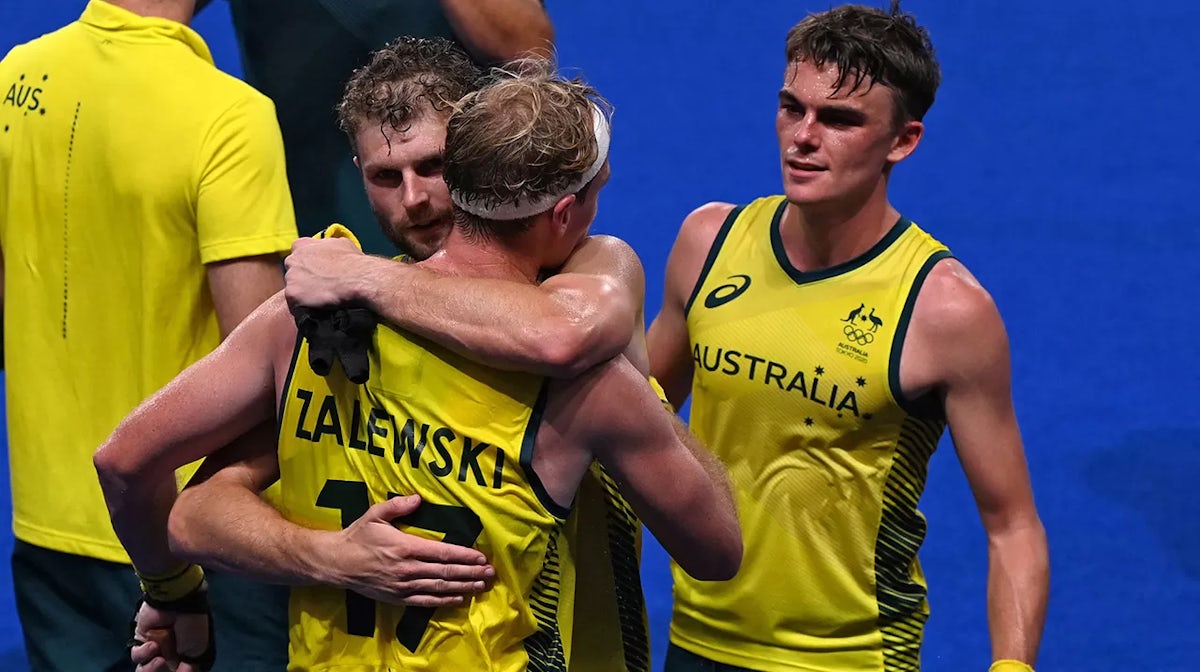 Australia celebrate after defeating Germany 3-1 in their men's semi-final match of the Tokyo 2020 Olympic Games field hockey competition, at the Oi Hockey Stadium in Tokyo