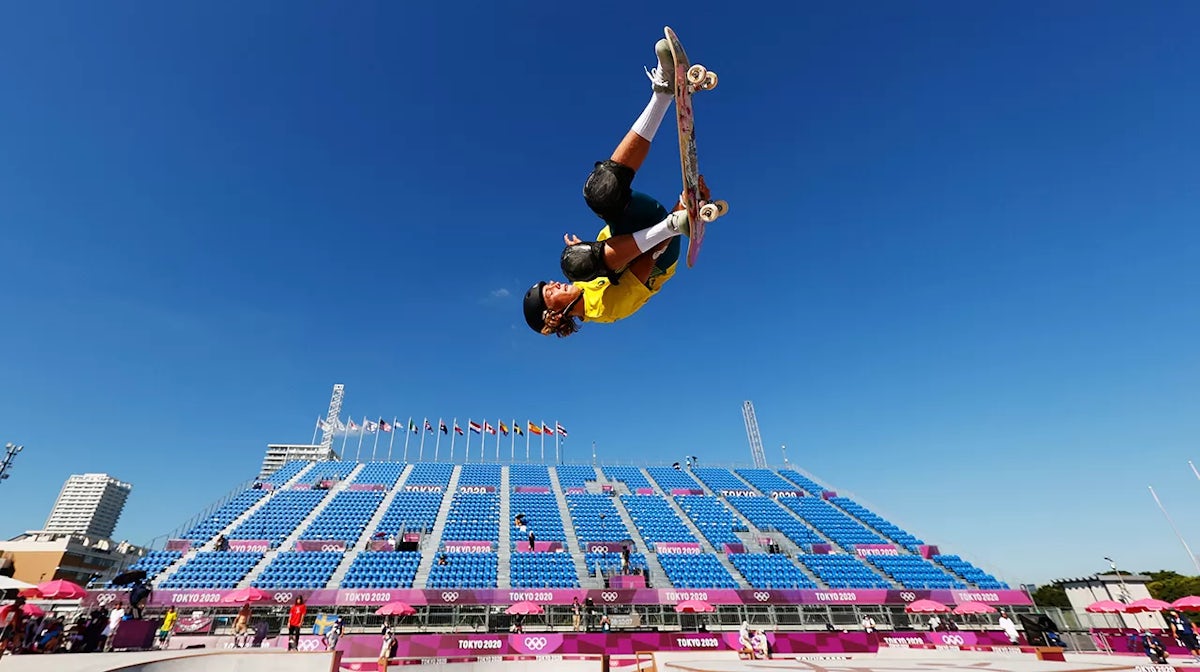 Keegan Palmer of Team Australia warms up prior to the Men's Skateboarding Park Preliminary Heat on day thirteen of the Tokyo 2020 Olympic Games at Ariake Urban Sports Park