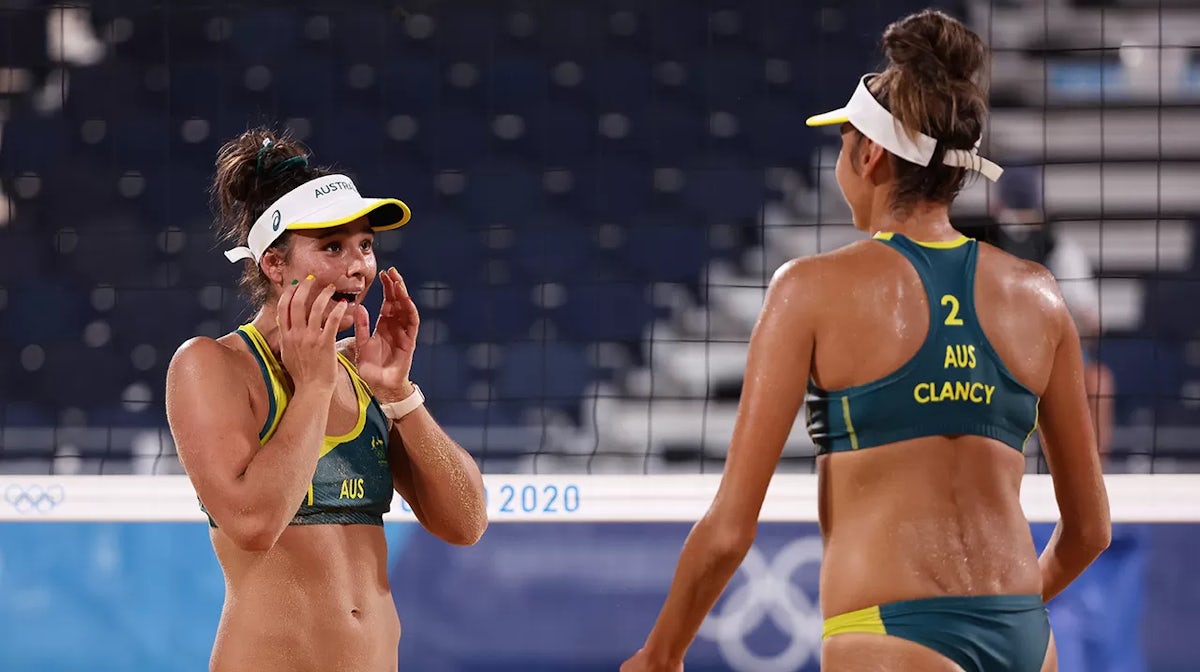 Mariafe Artacho del Solar #1 and Taliqua Clancy #2 of Team Australia react after defeating Team Canada during the Women's Quarterfinal beach volleyball on day eleven of the Tokyo 2020 Olympic Games at Shiokaze Park on August 03, 2021 in Tokyo, Japan