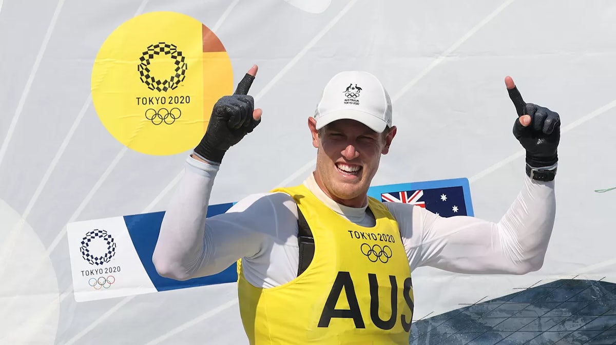 Matt Wearn of Team Australia celebrates winning gold after finishing first in the Men's Laser class on day nine of the Tokyo 2020 Olympic Games at Enoshima Yacht Harbour on August 01, 2021 in Fujisawa, Kanagawa, Japan