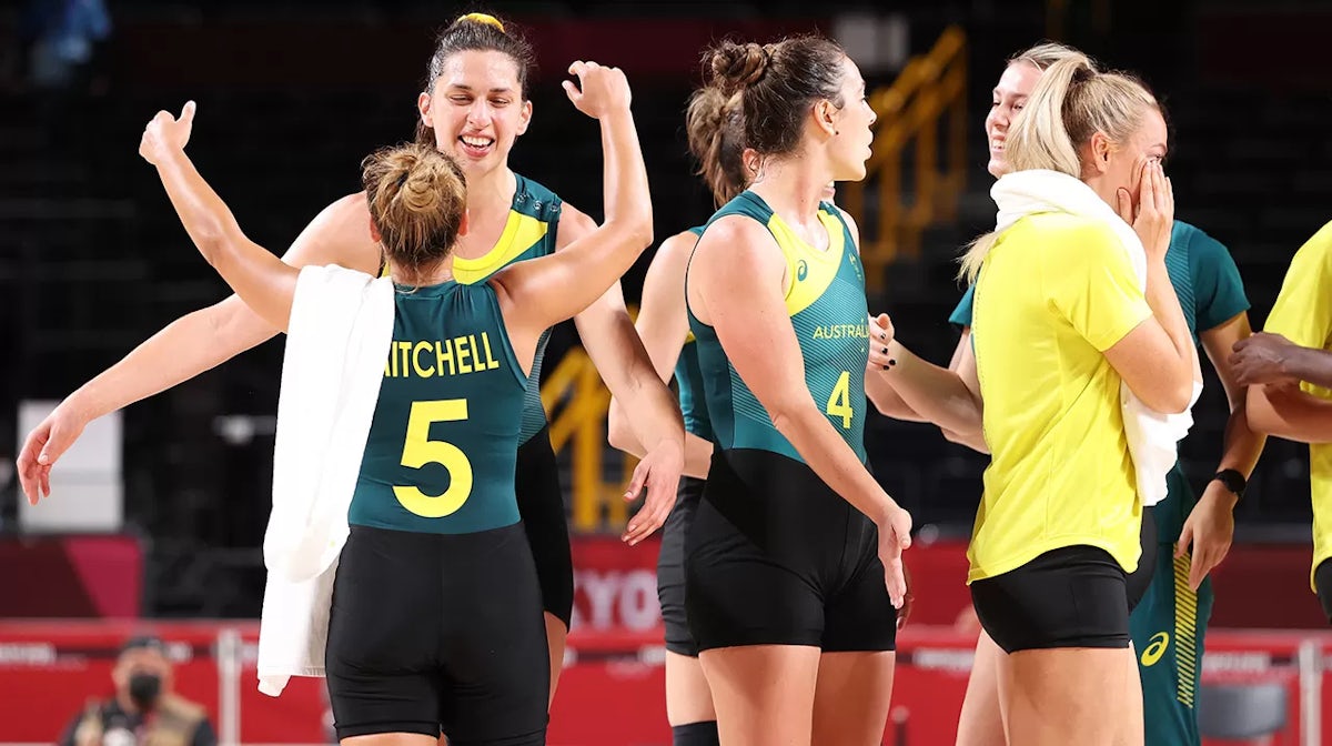 Marianna Tolo #14 and Leilani Mitchell #5 of Team Australia celebrate after defeating Puerto Rico in a Women's Basketball Preliminary Round Group C game on day ten of the Tokyo 2020 Olympic Games at Saitama Super Arena on August 02, 2021 in Saitama, Japan