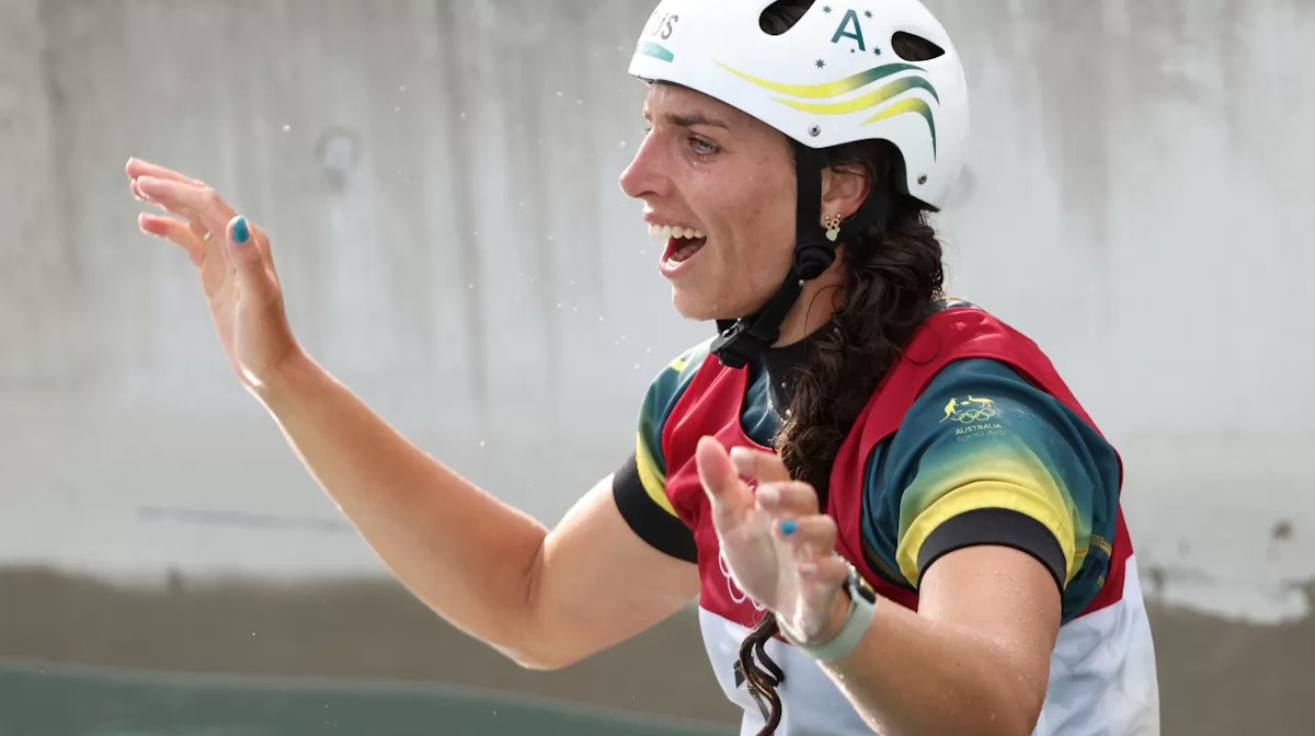Jessica Fox of Team Australia reacts after her run in the Women's Canoe Slalom Final on day six of the Tokyo 2020 Olympic Games