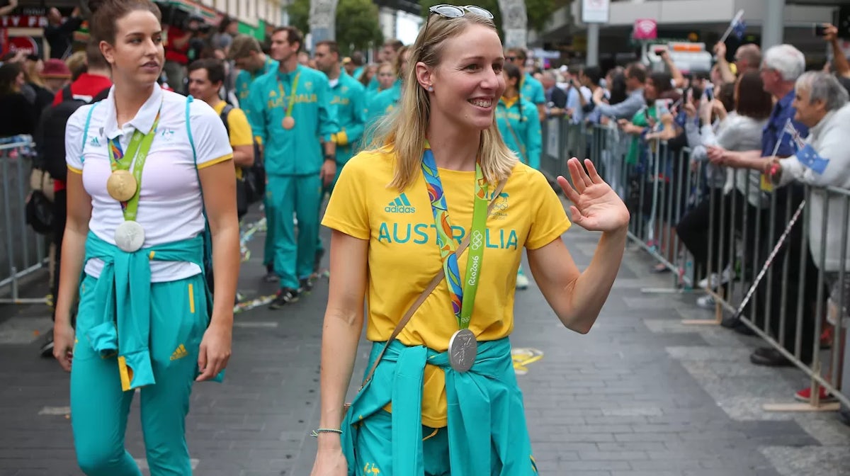 Australian Olympic athlete Bronte Barratt celebrates at the Brisbane Welcome Home Celebration following Rio 2016 