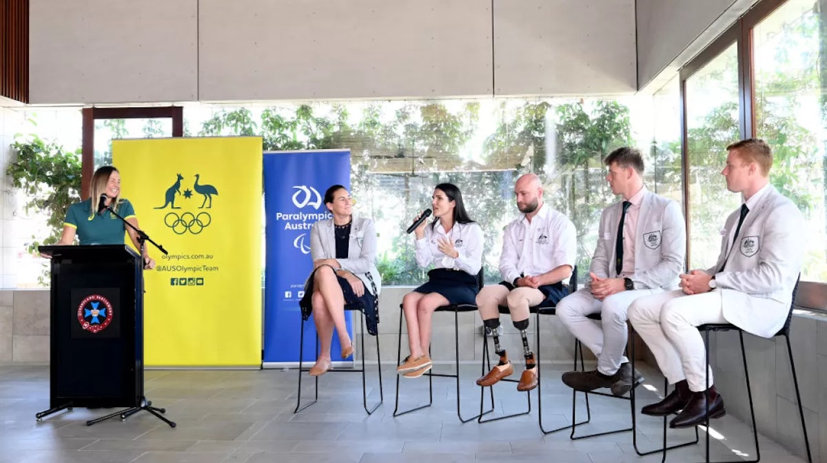 Brooke Hanson OAM speaks with Bronwen Knox, Jean van der Westhuyzen, Ella Sabljak and Chris Bond during the Parliamentary Friends of the Olympic and Paralympic Movement event at Queensland Parliament on October 27, 2021 in Brisbane, Australia