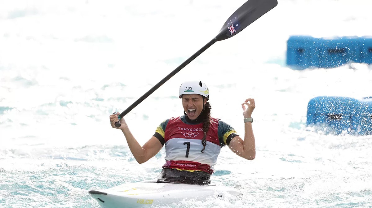 Jessica Fox of Team Australia reacts after her run in the Women's Canoe Slalom final on day six of the Tokyo 2020 Olympic Games at Kasai Canoe Slalom Centre on July 29, 2021 in Tokyo, Japan.