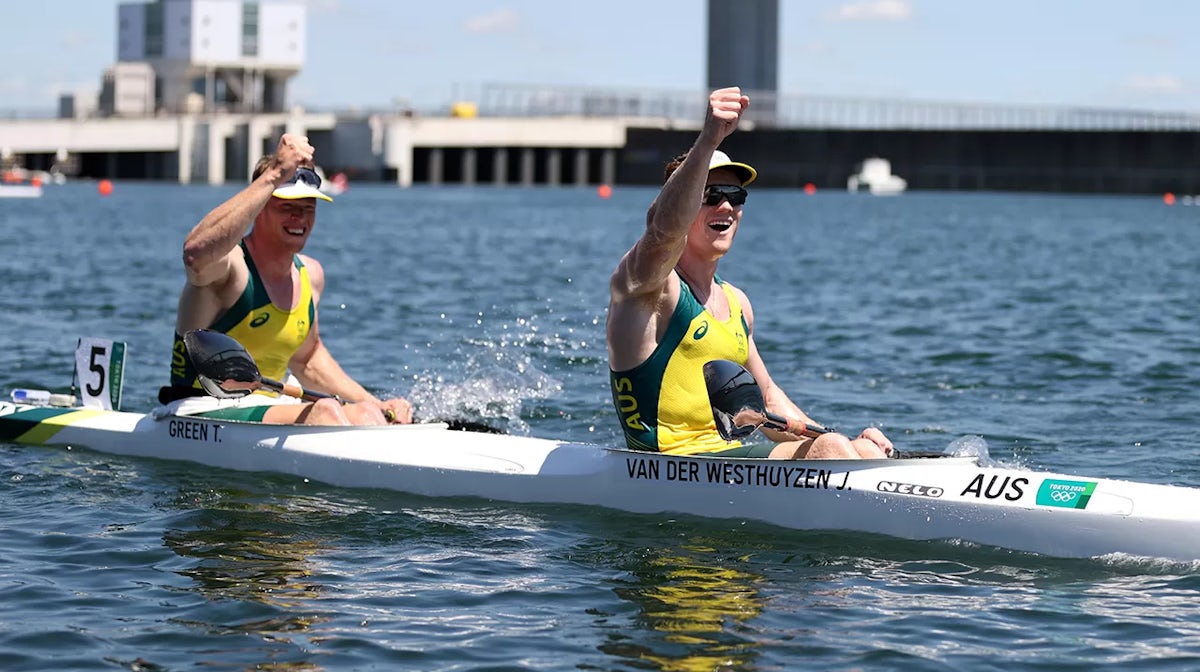  Jean van der Westhuyzen and Thomas Green of Team Australia celebrate winning the gold medal following the Men's Kayak Double 1000m Final A on day thirteen of the Tokyo 2020 Olympic Games at Sea Forest Waterway on August