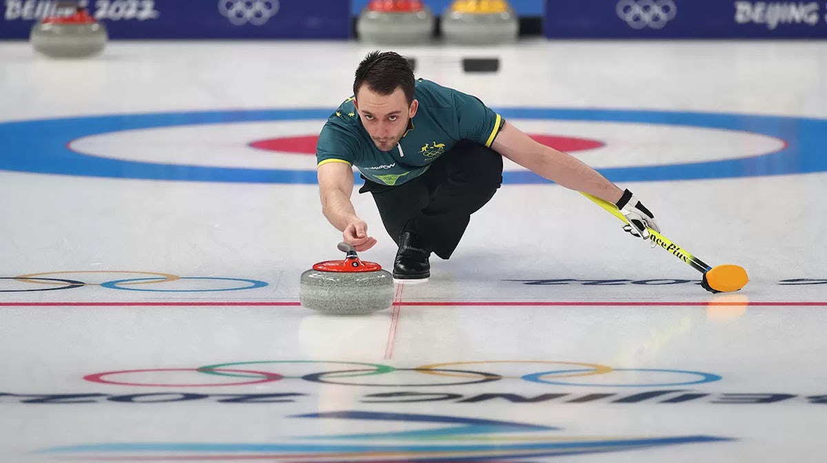 Dean Hewitt of Team Australia competes against Team Norway during the Curling Mixed Doubles Round Robin on Day 1 of the Beijing 2022 Winter Olympics at National Aquatics Centre on February 05, 2022 in Beijing, China