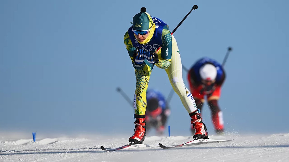Jessica Yeaton of Team Australia competes during the Women's Cross Country 7.5km + 7.5km Skiathlon on Day 1 of the Beijing 2022 Winter Olympic Games at The National Cross-Country Skiing Centre