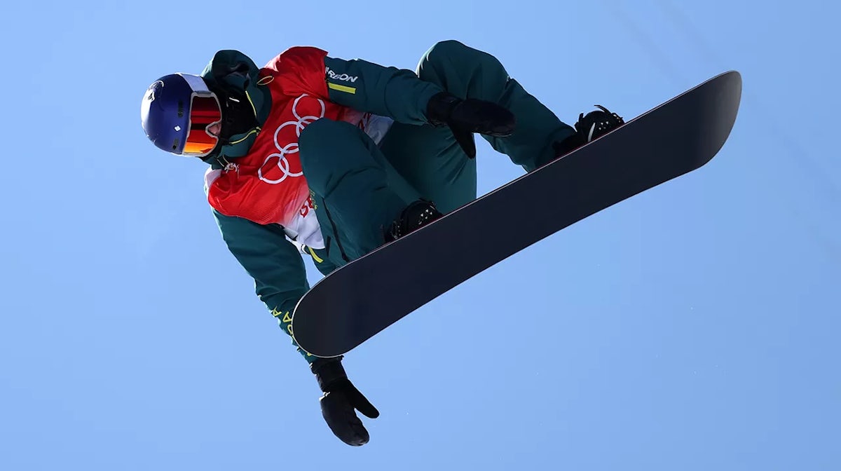 Scotty James of Team Australia performs a trick during the Snowboard Halfpipe training session on Day 2 of the Beijing 2022 Winter Olympic Games at Genting Snow Park on February 06, 2022 in Beijing, China