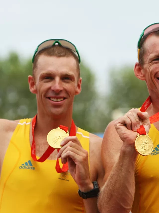 Duncan Free (R) and Drew Ginn of Australia celebrate the gold medal in the Men's Pair Final at the Shunyi Olympic Rowing-Canoeing Park on Day 8 of the Beijing 2008 Olympic Games on August 16, 2008 in Beijing, China. (Photo by Vladimir Rys/Bongarts/Getty I