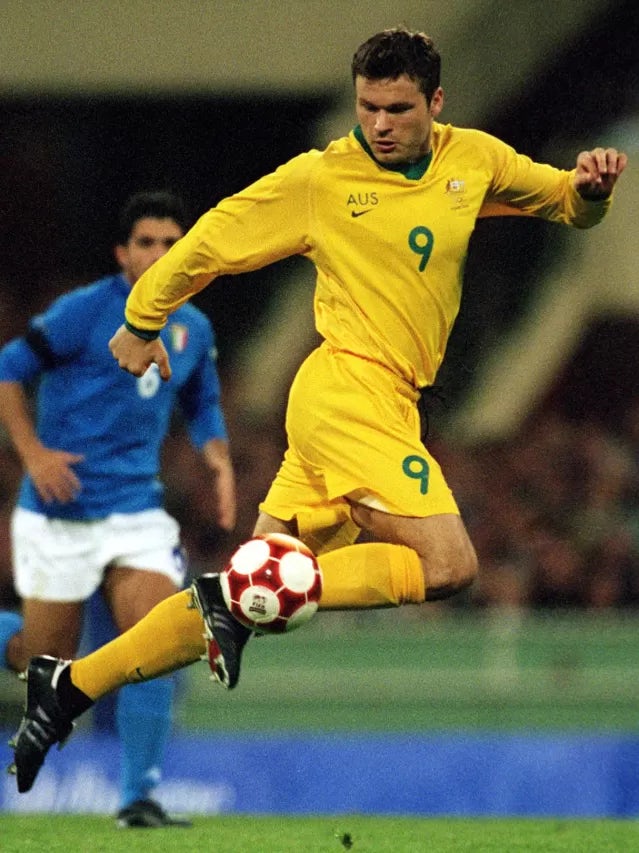 Mark Viduka #9 for Australia, in action during the Olympic Mens Preliminary match between the Australian Olyroos and Italy, played at the Melbourne Cricket Ground in Melbourne, Australia. Italy defeated Australia 1-0 Mandatory Credit: Robert Cianflone/ALL