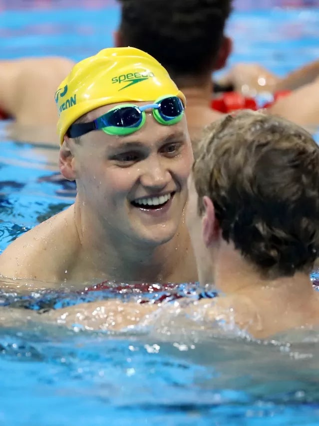 AUGUST 06: Mack Horton of Australia is congratulated by David McKeon of Australia after winning the Final of the Men's 400m Freestyle on Day 1 of the Rio 2016 Olympic Games at the Olympic Aquatics Stadium on August 6, 2016 in Rio de Janeiro, Brazil. (Phot