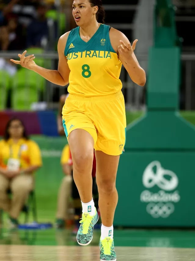 Elizabeth Cambage #8 of Australia gestures as she runs upcourt against Turkey during a Women's Basketball Preliminary Round game at the Rio 2016 Olympic Games on August 7, 2016 in Rio de Janeiro, Brazil